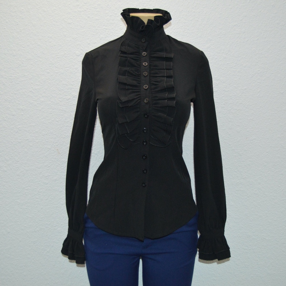 Black Ruffle Accent Button Up Shirt